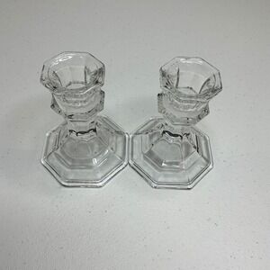 Clear Glass Candlestick Holders Octagon Base Set‎ of 2 Home Decor